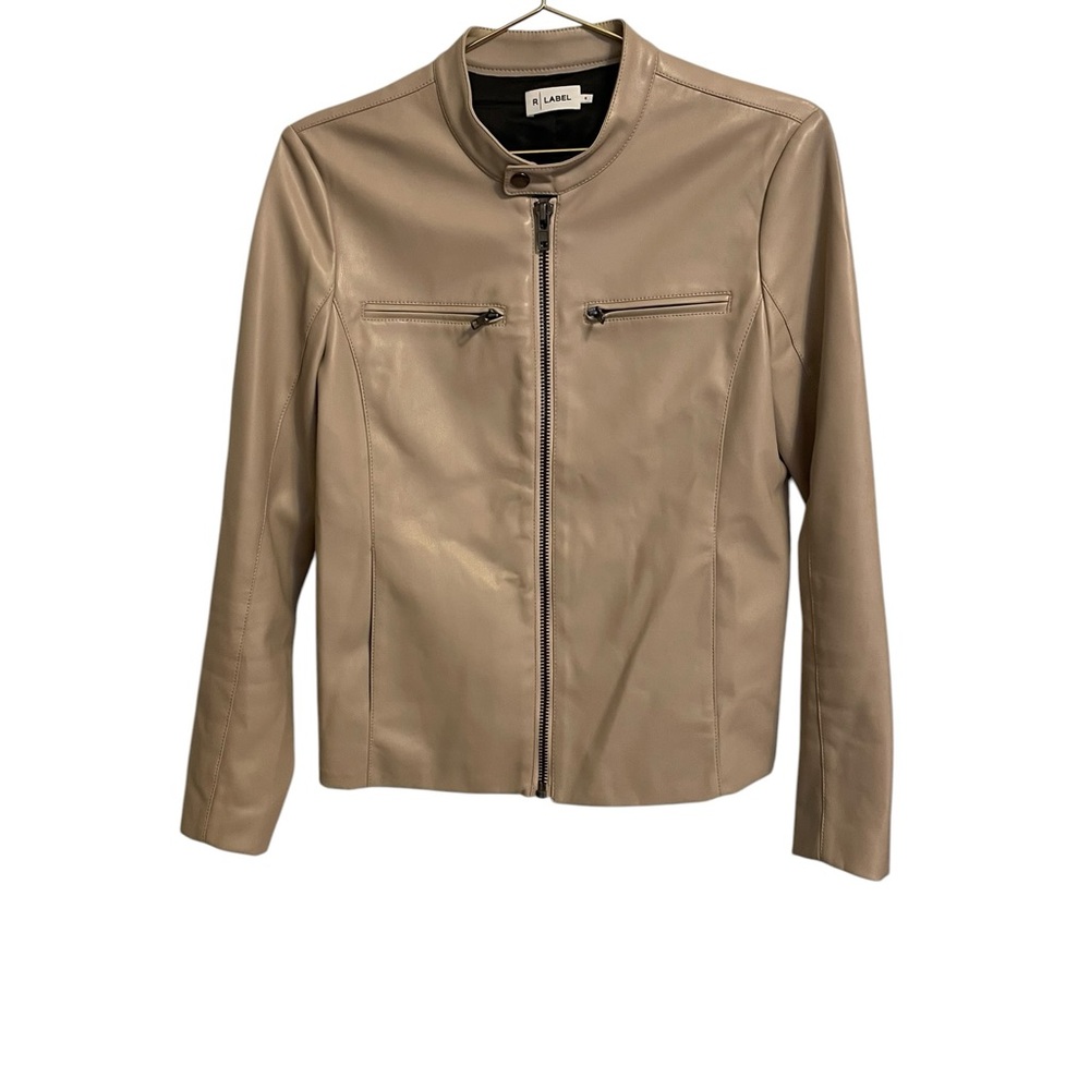 R Label Tan Faux Leather Moto Cafe Racer Jacket Small Zip Front Snap Collar S